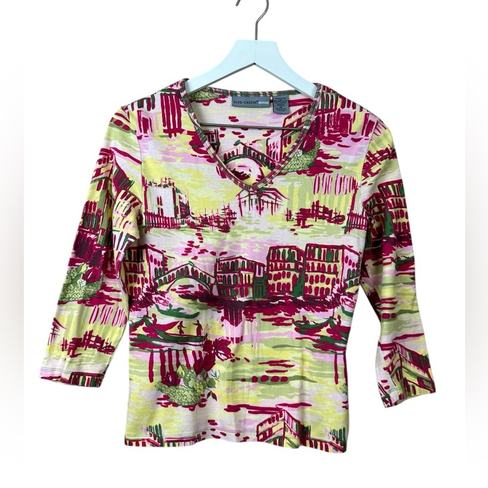 Vtg Oleg Cassini Weekend City Print Top Women Sz M